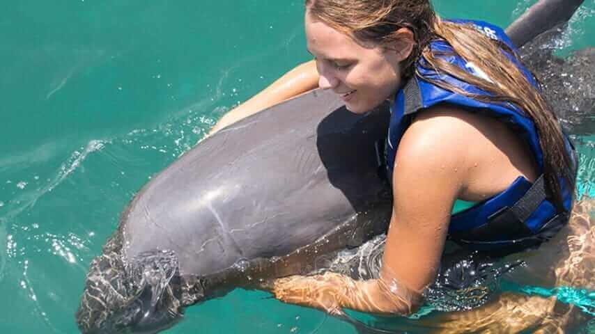 Hugging a dolphin